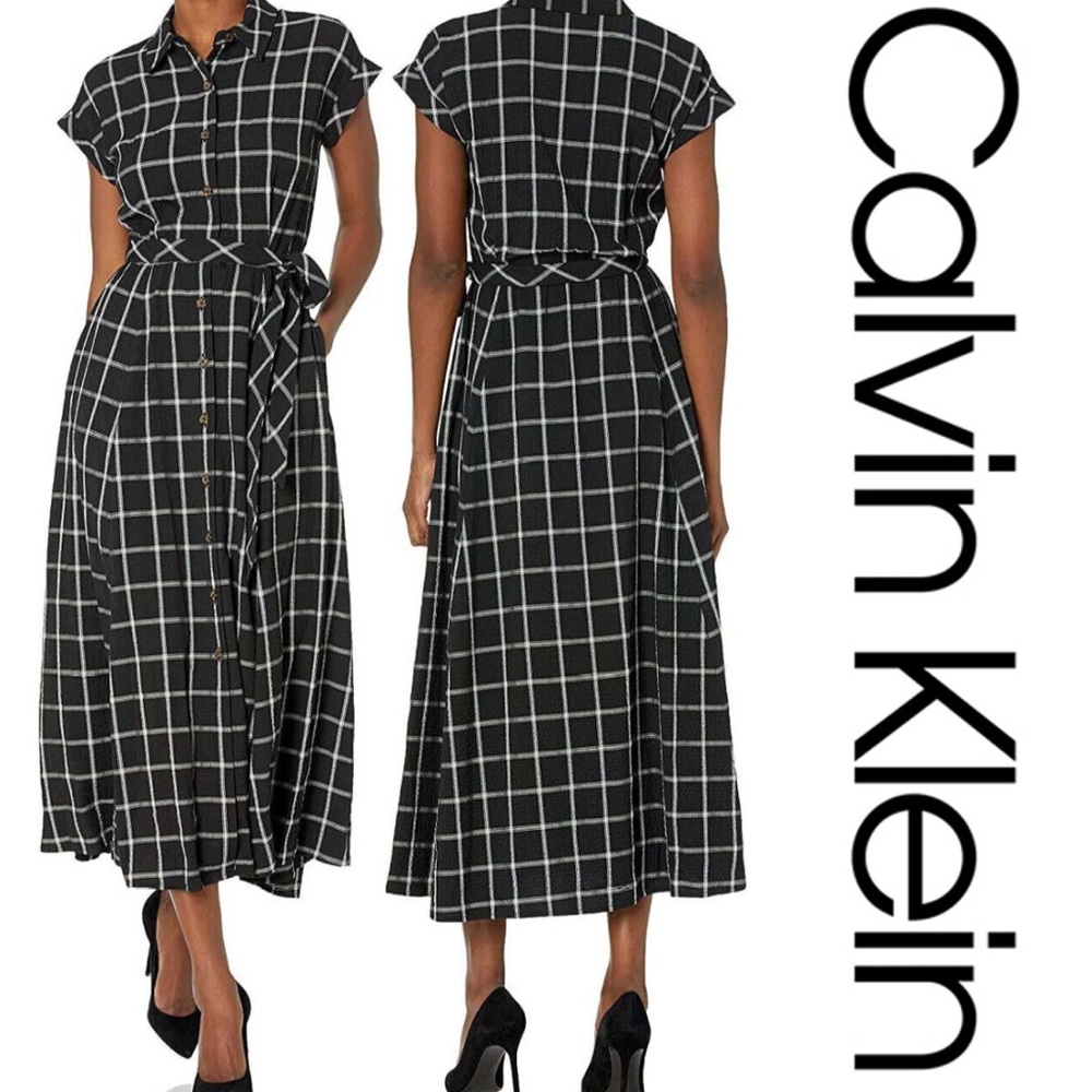Calvin Klein Black Windowpane Button-Front Midi Dress